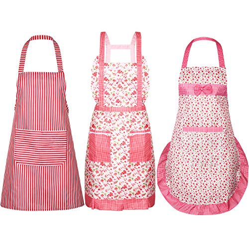 SATINIOR 3 Pieces Kitchen Aprons for Women Cute Floral Apron for Women with Pockets Adjustable Waist Aprons for Kitchen Cooking Housework