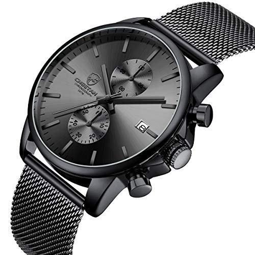 GOLDEN HOUR Men’s Watch Fashion Sport Quartz Analog Mesh Stainless Steel Waterproof Chronograph Watches, Auto Date in Grey Hands, Color: Black