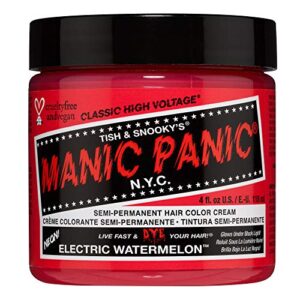 manic panic electric watermelon pink hair dye - classic high voltage - semi-permanent hair color - neon pink shade - glows under black lights - vegan, ppd & ammonia-free - for coloring hair