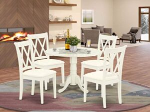 east west furniture dublin 5 piece room set includes a round dining table with dropleaf and 4 fabric upholstered chairs, 42x42 inch, linen white