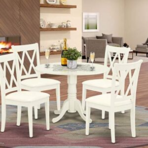 East West Furniture Dublin 5 Piece Room Set Includes a Round Dining Table with Dropleaf and 4 Fabric Upholstered Chairs, 42x42 Inch, Linen White