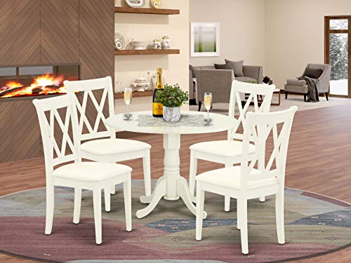 East West Furniture Dublin 5 Piece Room Set Includes a Round Dining Table with Dropleaf and 4 Fabric Upholstered Chairs, 42x42 Inch, Linen White