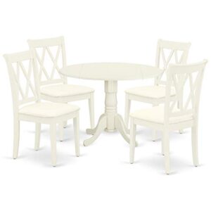 East West Furniture Dublin 5 Piece Room Set Includes a Round Dining Table with Dropleaf and 4 Fabric Upholstered Chairs, 42x42 Inch, Linen White