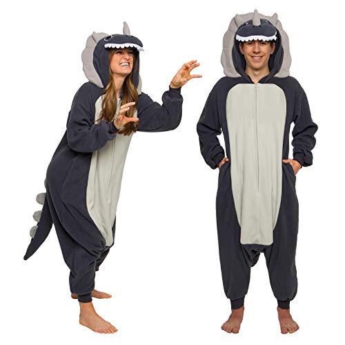 FUNZIEZ! Adult Triceratops Costume - Plush One Piece Dinosaur Costume - One Piece Pajamas(Grey, Large)