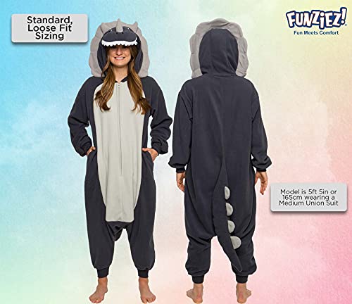 FUNZIEZ! Adult Triceratops Costume - Plush One Piece Dinosaur Costume - One Piece Pajamas(Grey, Large)