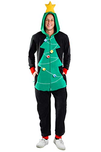 Tipsy Elves Men's Christmas Game Cozy Jumpsuit - Cozy Christmas Tree Onesie w/Velcro Balls : XL