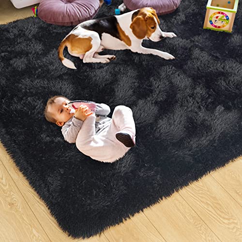 Ultra Soft Black Rugs for Bedroom 4x6 Feet, Fluffy Shag Area Rugs for Living Room, Large Comfy Furry Rug for Boys Kids Baby Room Decor, Non Slip Nursery Rug Modern Indoor Fuzzy Floor Carpet