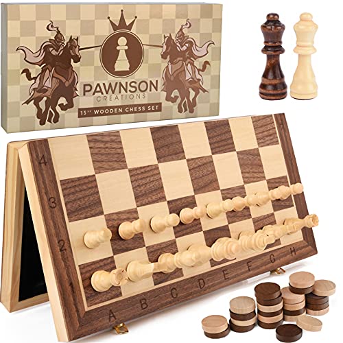 Magnetic Wooden Chess Checkers Set for Kids and Adults – 15” Staunton Chess Set - Travel Portable Folding Chess Board Game Sets - Storage for Wood Pieces - 2 Extra Queens