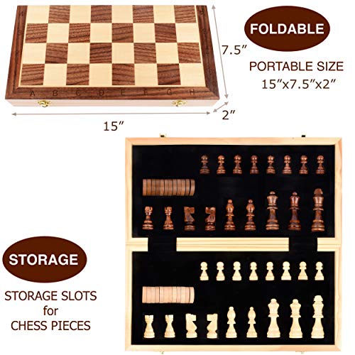 Magnetic Wooden Chess Checkers Set for Kids and Adults – 15” Staunton Chess Set - Travel Portable Folding Chess Board Game Sets - Storage for Wood Pieces - 2 Extra Queens