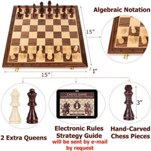 Magnetic Wooden Chess Checkers Set for Kids and Adults – 15” Staunton Chess Set - Travel Portable Folding Chess Board Game Sets - Storage for Wood Pieces - 2 Extra Queens