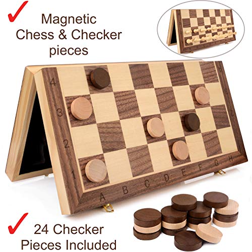 Magnetic Wooden Chess Checkers Set for Kids and Adults – 15” Staunton Chess Set - Travel Portable Folding Chess Board Game Sets - Storage for Wood Pieces - 2 Extra Queens