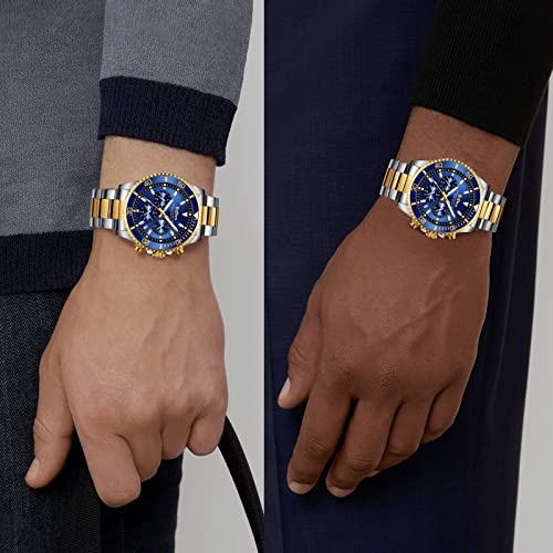 BIDEN Mens Watches Chronograph Gold Blue Stainless Steel Waterproof Date Analog Quartz Watch Business Casual Fashion Wrist Watches for Men
