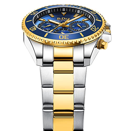 BIDEN Mens Watches Chronograph Gold Blue Stainless Steel Waterproof Date Analog Quartz Watch Business Casual Fashion Wrist Watches for Men