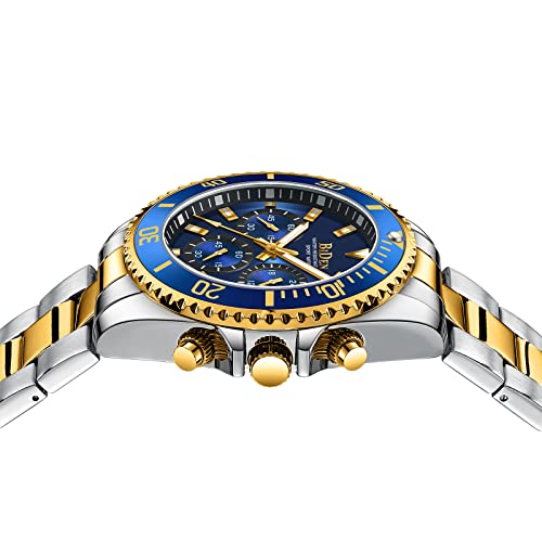 BIDEN Mens Watches Chronograph Gold Blue Stainless Steel Waterproof Date Analog Quartz Watch Business Casual Fashion Wrist Watches for Men