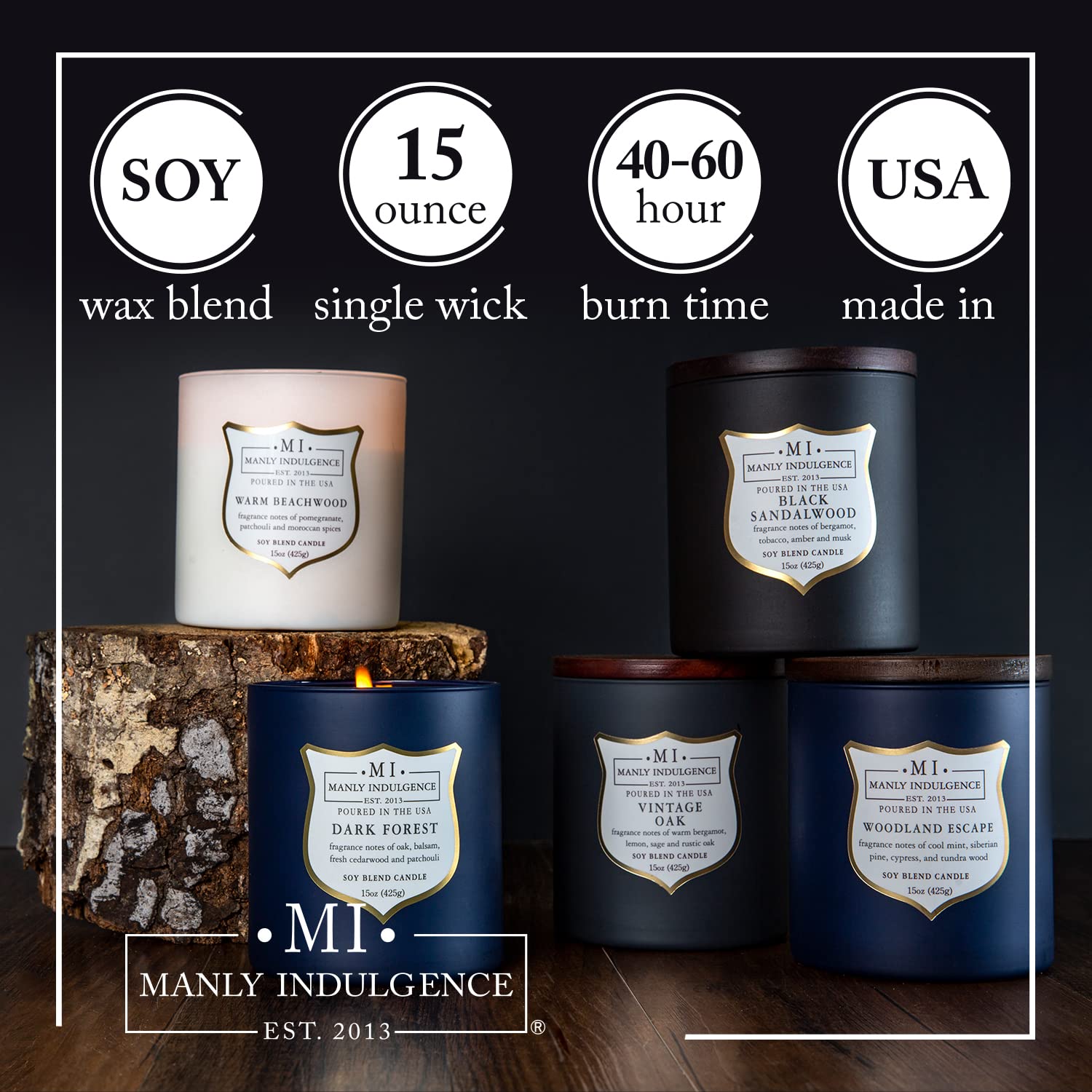 Manly Indulgence Vintage Oak Scented Jar Candle for Men, Wood Wicked Candle, 15 oz - Bergamot, Lemon, Sage & Rustic Oak - Up to 60 Hours Burn, Soy Blend Wax, USA Poured