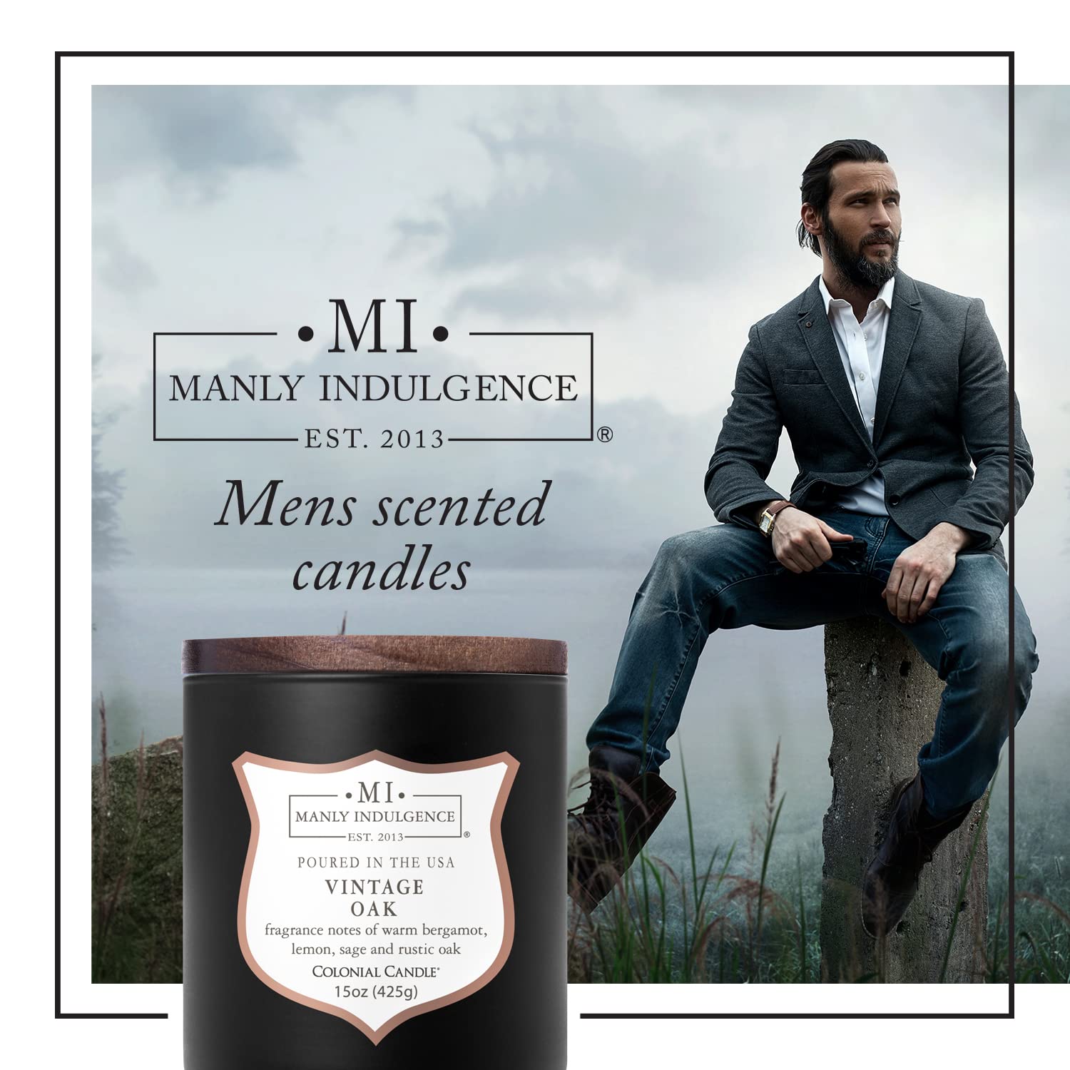 Manly Indulgence Vintage Oak Scented Jar Candle for Men, Wood Wicked Candle, 15 oz - Bergamot, Lemon, Sage & Rustic Oak - Up to 60 Hours Burn, Soy Blend Wax, USA Poured