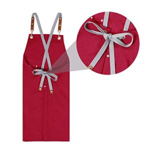 Chef Apron,Cross Back Apron for Men Women with Adjustable Straps and Large Pockets,Canvas,M-XXL (Red)