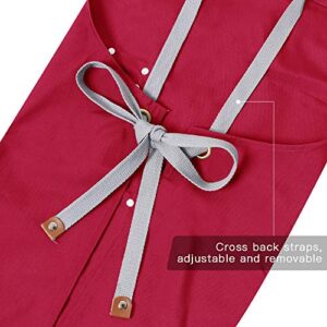Chef Apron,Cross Back Apron for Men Women with Adjustable Straps and Large Pockets,Canvas,M-XXL (Red)