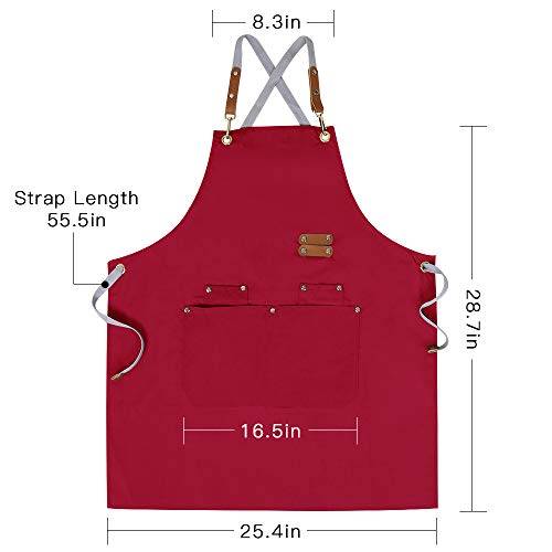 Chef Apron,Cross Back Apron for Men Women with Adjustable Straps and Large Pockets,Canvas,M-XXL (Red)