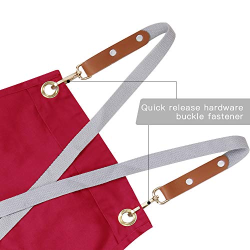 Chef Apron,Cross Back Apron for Men Women with Adjustable Straps and Large Pockets,Canvas,M-XXL (Red)