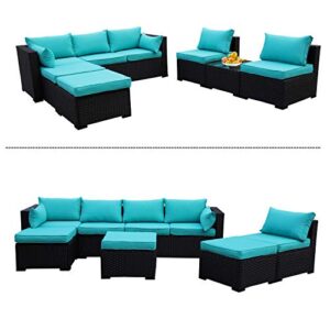 Outdoor PE Black Rattan Furniture Conversation Backyard Lawn Set 6 Piece Patio Loveseat Wicker Sectional Chairs with Removable Cushion and Multi-Purpose Tempered Glass Top Table (Turquoise)
