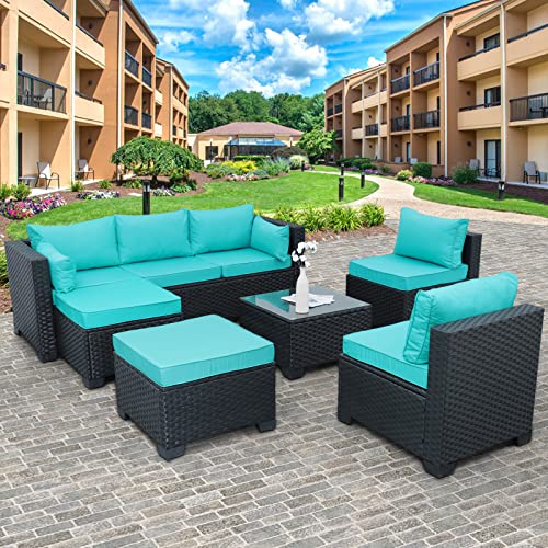 Outdoor PE Black Rattan Furniture Conversation Backyard Lawn Set 6 Piece Patio Loveseat Wicker Sectional Chairs with Removable Cushion and Multi-Purpose Tempered Glass Top Table (Turquoise)