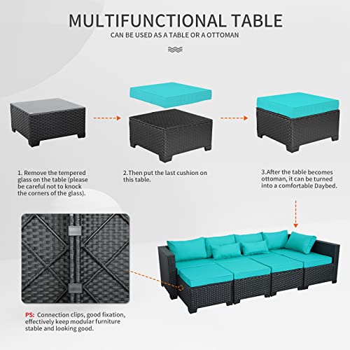 Outdoor PE Black Rattan Furniture Conversation Backyard Lawn Set 6 Piece Patio Loveseat Wicker Sectional Chairs with Removable Cushion and Multi-Purpose Tempered Glass Top Table (Turquoise)