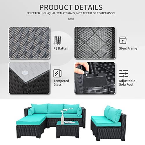 Outdoor PE Black Rattan Furniture Conversation Backyard Lawn Set 6 Piece Patio Loveseat Wicker Sectional Chairs with Removable Cushion and Multi-Purpose Tempered Glass Top Table (Turquoise)