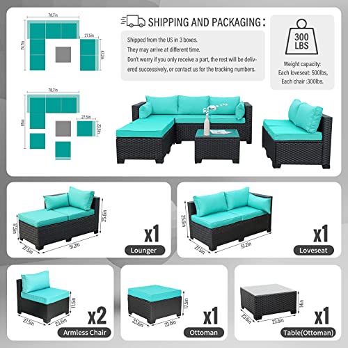 Outdoor PE Black Rattan Furniture Conversation Backyard Lawn Set 6 Piece Patio Loveseat Wicker Sectional Chairs with Removable Cushion and Multi-Purpose Tempered Glass Top Table (Turquoise)