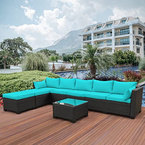 Outdoor PE Black Rattan Furniture Conversation Backyard Lawn Set 6 Piece Patio Loveseat Wicker Sectional Chairs with Removable Cushion and Multi-Purpose Tempered Glass Top Table (Turquoise)