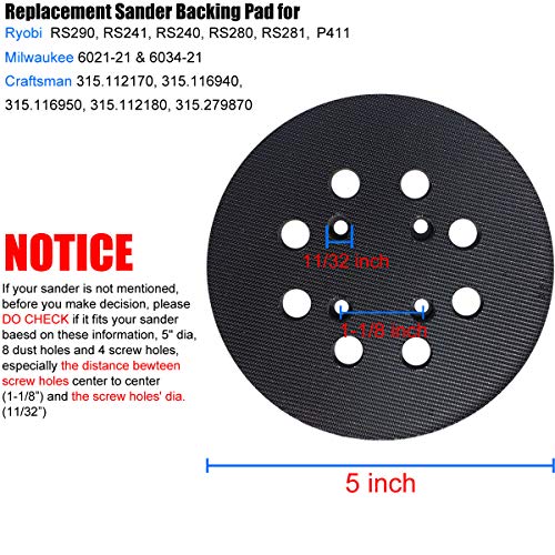 5-Inch Hook and Loop Backing Pad Replacement Sander Pad for Ryobi RS290, RS280, P411, Milwaukee 6021-21 & 6034-21, Craftsman 315.112170,315.116940