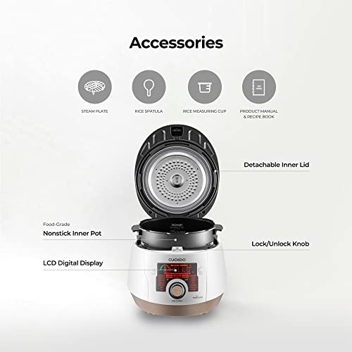 Cuckoo Multi Pressure Cooker, CMC-ASB501F, A50 Premium Series 8 in 1 (Pressure, Slow, Rice Cooker, Browning Fry, Steamer, Warmer, Yogurt, Soup Maker)18+ Smart Options, Stainless Steel, 5QT, GOLD/WHITE