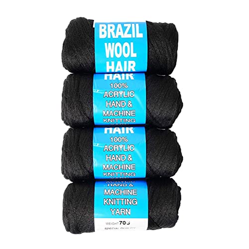 4 Packs Brazilian Wool Hair Yarn, Wool Yarn for Hair Jumbo Braiding& Senegalese Twisting Wool Hair Attachment Knitting Hair Braids(Natural Black)