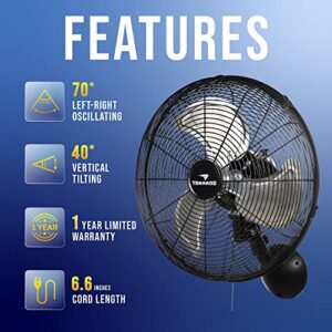 Tornado - 16 Inch Pro Series Oscillating Wall Mount Fan - High Velocity Heavy Duty Metal Wall Mount Fan for Industrial, Commercial, Residential, and Greenhouse Use - UL Safety Listed