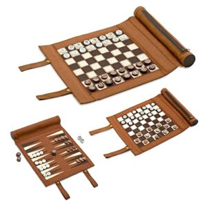 woodronic upgraded 3 in 1 backgammon chess checkers set, roll up travel game set for adults and kids, brown, 13.0'' x 10.0''