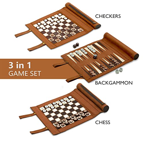 Woodronic Upgraded 3 in 1 Backgammon Chess Checkers Set, Roll Up Travel Game Set for Adults and Kids, Brown, 13.0'' x 10.0''