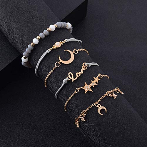 Aluinn Boho Rope Bracelet for Women Fashion Gold Moon Hand Catenary Star Lovr Hand Chain Pearl Bracelet Jewelry for Girls