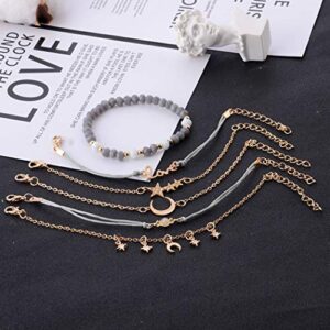 Aluinn Boho Rope Bracelet for Women Fashion Gold Moon Hand Catenary Star Lovr Hand Chain Pearl Bracelet Jewelry for Girls