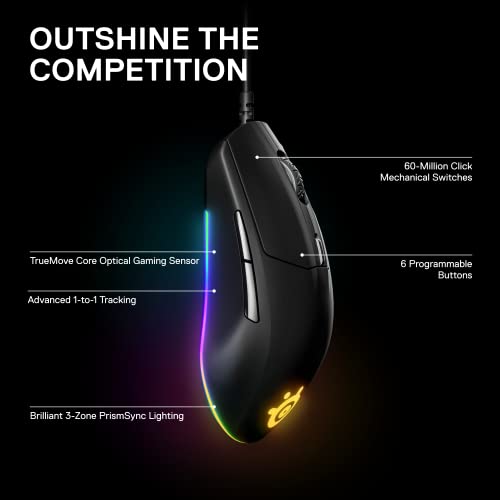 SteelSeries Rival 3 Gaming Mouse - 8,500 CPI TrueMove Core Optical Sensor - 6 Programmable Buttons - Split Trigger Buttons - Brilliant Prism RGB Lighting,Black