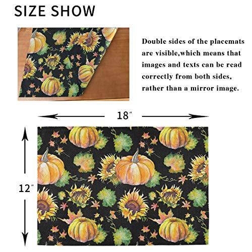 Autumnof Pumpkins Sunflowers Leaves Branches Placemats Set of 6, Double Sides Printing Place mats for Kitchen Dining Table Non-Slip Decorative Table Mat Washable