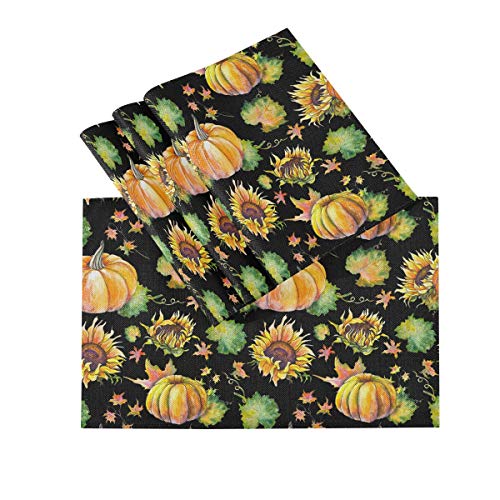 Autumnof Pumpkins Sunflowers Leaves Branches Placemats Set of 6, Double Sides Printing Place mats for Kitchen Dining Table Non-Slip Decorative Table Mat Washable