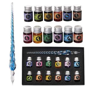 mancola glass dipped pen ink set handmade crystal calligraphy pen with 12 colorful india ink for art, signatures, drawing, decoration, calligraphy kits for beginners ma-13