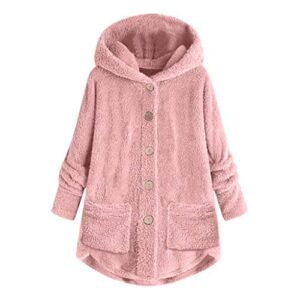 youmymine women plus size coat winter warm outwear button plush hooded solid cardigan wool jacket (xxxl, pink)