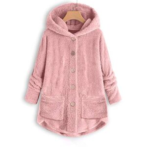 Youmymine Women Plus Size Coat Winter Warm Outwear Button Plush Hooded Solid Cardigan Wool Jacket (XXXL, Pink)