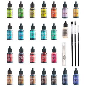 Ranger Tim Holtz Alcohol Ink Set, 24 Pack (Assorted Colors) .5oz | Alcohol Ink Blending Solution | Premium Brush Set for Alcohol Ink Paper | 1 Mini Spray Bottle