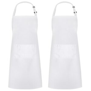 syntus 2 pack adjustable bib apron waterdrop resistant with 2 pockets cooking kitchen aprons for bbq drawing, women men chef, white