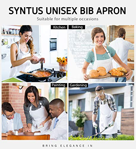 Syntus 2 Pack Adjustable Bib Apron Waterdrop Resistant with 2 Pockets Cooking Kitchen Aprons for BBQ Drawing, Women Men Chef, White