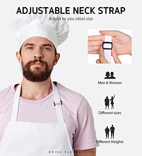 Syntus 2 Pack Adjustable Bib Apron Waterdrop Resistant with 2 Pockets Cooking Kitchen Aprons for BBQ Drawing, Women Men Chef, White