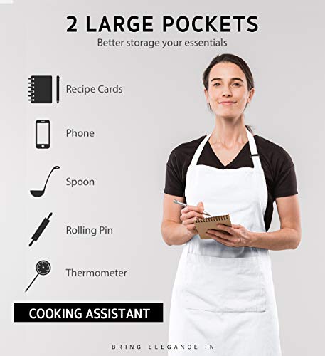 Syntus 2 Pack Adjustable Bib Apron Waterdrop Resistant with 2 Pockets Cooking Kitchen Aprons for BBQ Drawing, Women Men Chef, White