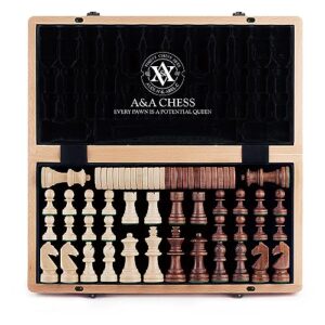 a&a 15 inch wooden folding chess & checkers set w/ 3 inch king height staunton chess pieces / 2 extra queens - beech box w/maple & walnut inlay